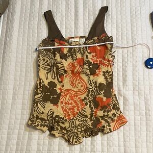DKNY Jeans Brown and Orange Plant Patterned Sleeveless Top